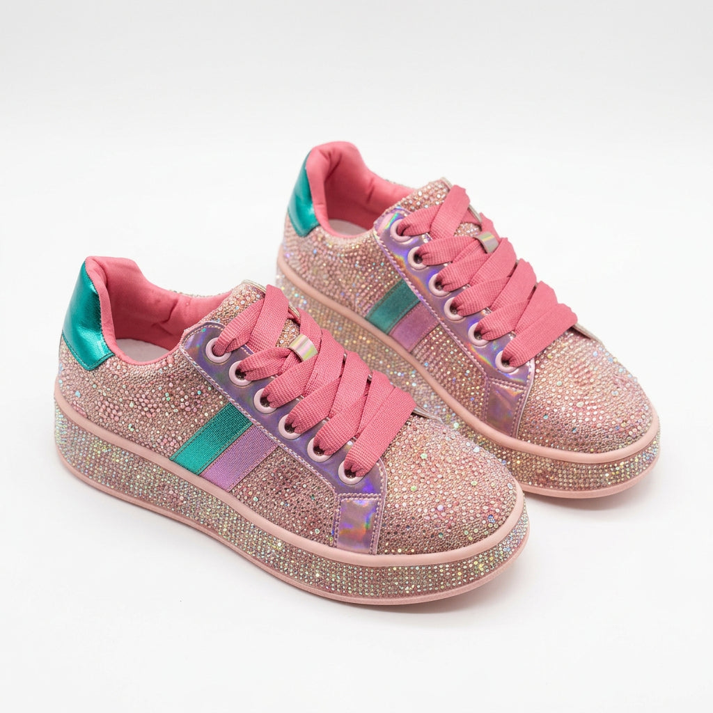 Women's Crystal Rhinestone Platform Lace Up Casual Sneakers