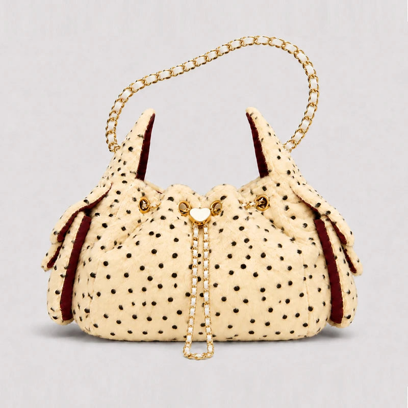 Women's Leopard Faux Fur Drawstring Chain Bucket Bag