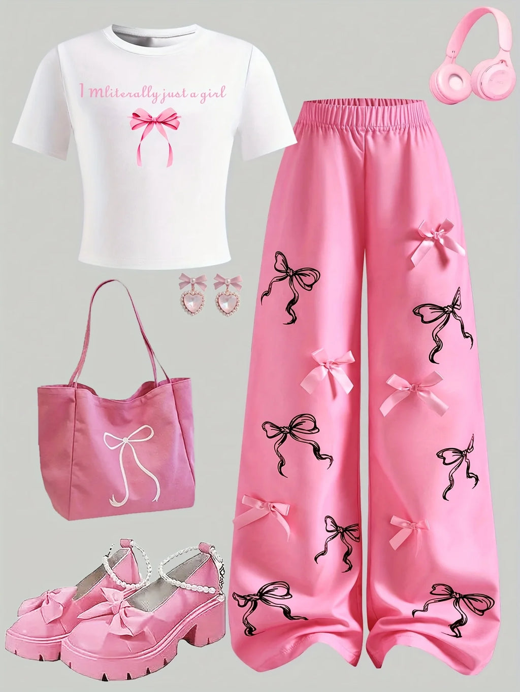 Girls' Letter-Print T-Shirt and Bow Wide-Leg Pants 2-Piece Set