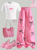 Girls' Letter-Print T-Shirt and Bow Wide-Leg Pants 2-Piece Set