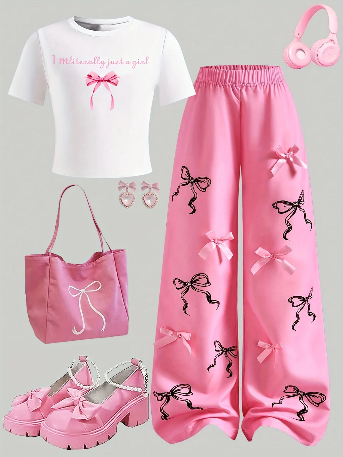 Girls' Letter-Print T-Shirt and Bow Wide-Leg Pants 2-Piece Set