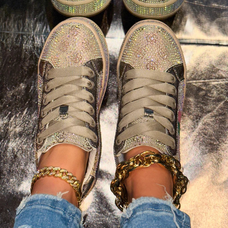 Women's Crystal Rhinestone Platform Lace Up Casual Sneakers