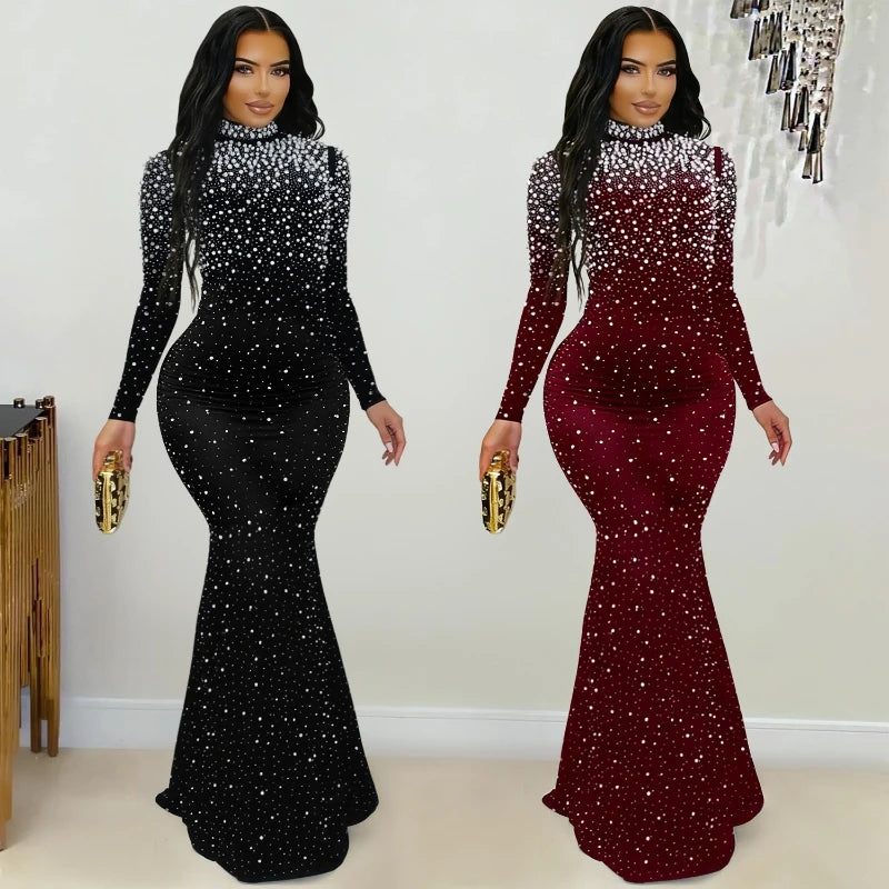 Women's Elegant Beaded Long Sleeve Mock Neck Maxi Dress