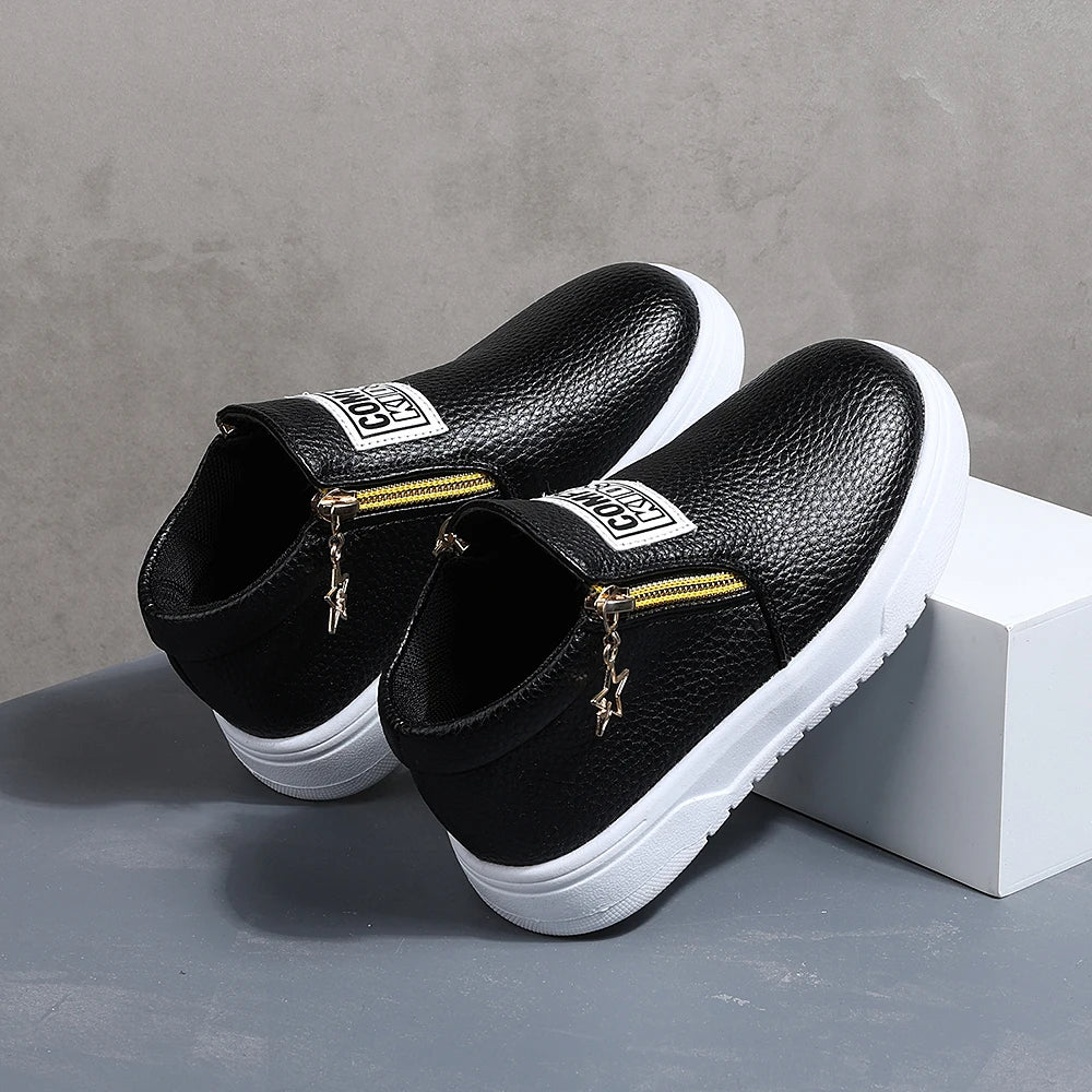Kids' Faux Leather High-Top Sneakers with Side Zipper