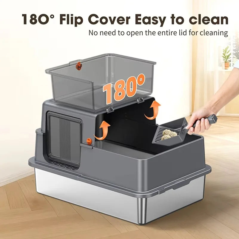 Enclosed Stainless Steel Cat Litter Box for Cats