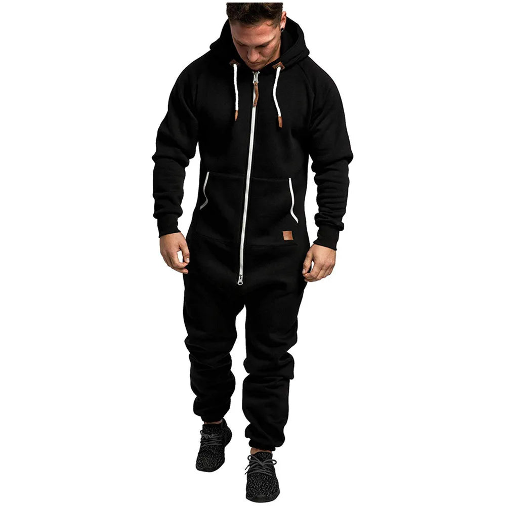 Men's Solid Hooded Fleece Jumpsuit Set
