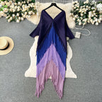 Women's Pleated Color-Block Tassel Mid-Calf Dress