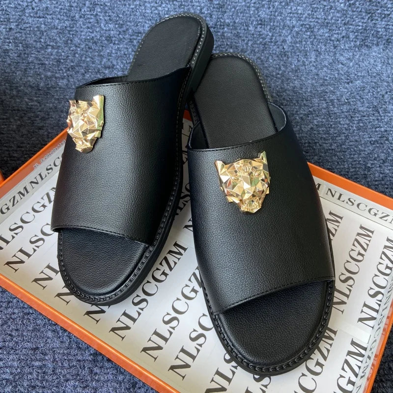 Men's Peep Toe Slip-On Slippers with Metal Decoration