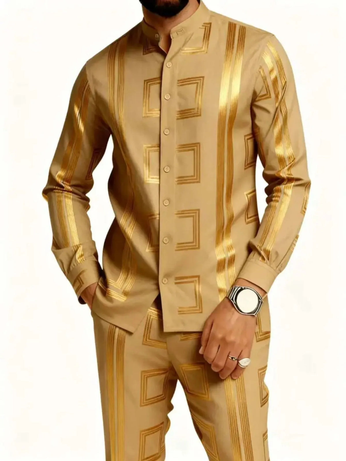 Men's Casual 3D Print Long Sleeve Shirt and Pants Set