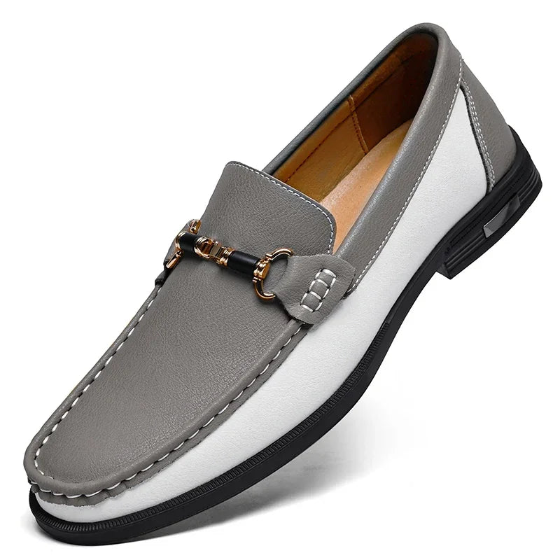 Men's Genuine Leather Slip-On Loafers with Metal Buckle