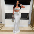 Women's Rhinestones Strapless Top and Long Skirt 2-Piece Set