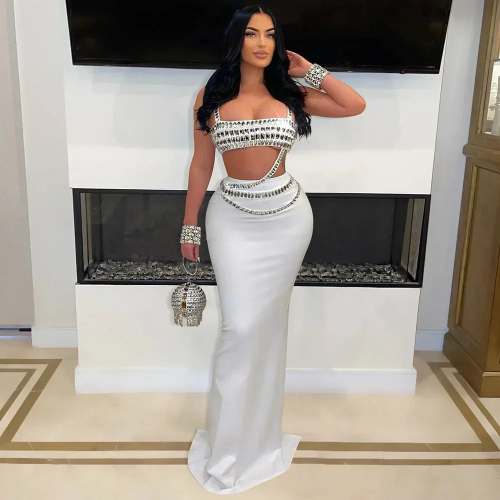 Women's Rhinestones Strapless Top and Long Skirt 2-Piece Set
