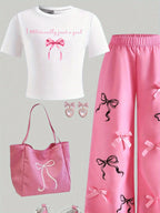 Girls' Letter-Print T-Shirt and Bow Wide-Leg Pants 2-Piece Set