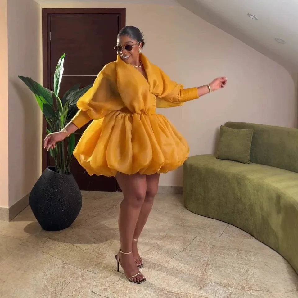 Women's Organza Puff Ruched Waist Bubble Hem Mini Dress