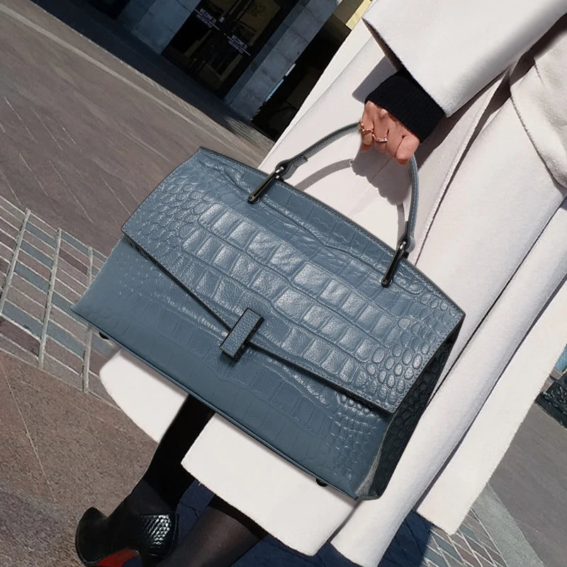 Women's Crocodile Pattern Genuine Leather Handbag Shoulder Tote Bag
