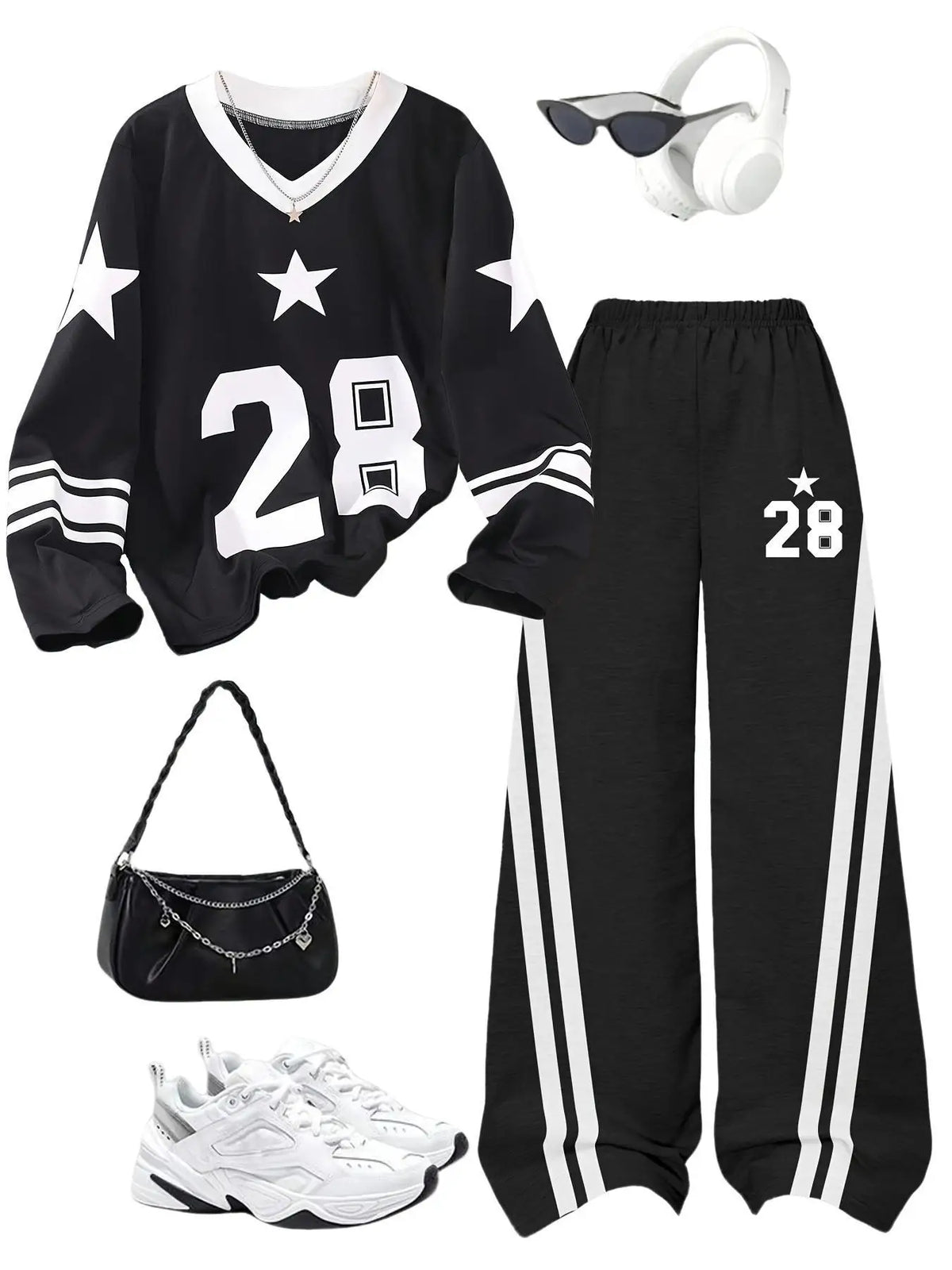 Girls' Digital-Print Long-Sleeve Top and Black Pants 2-Piece Set
