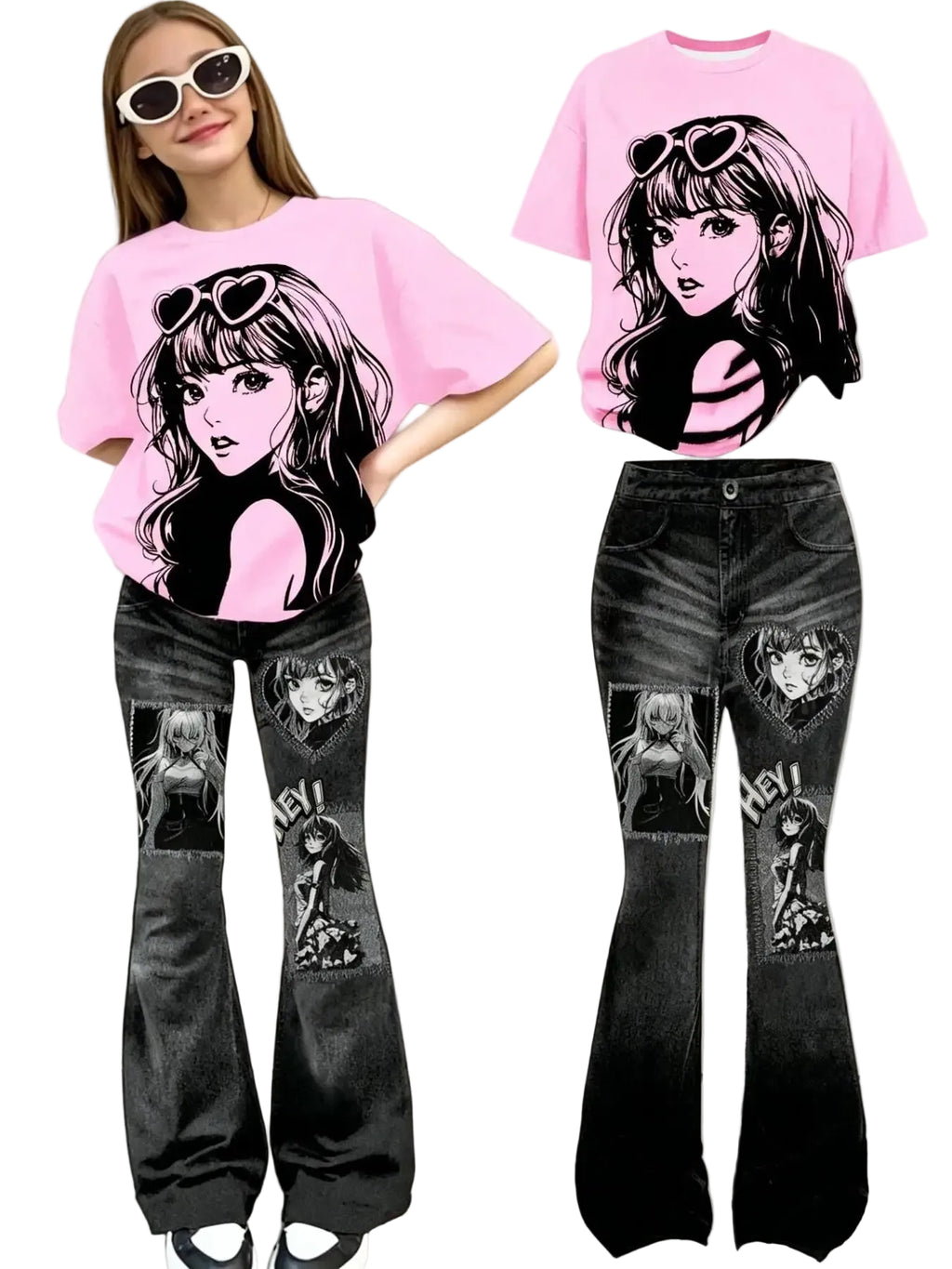 Girls' Anime Print T-Shirt and Flared Pants Set