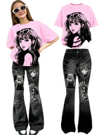 Girls' Anime Print T-Shirt and Flared Pants Set