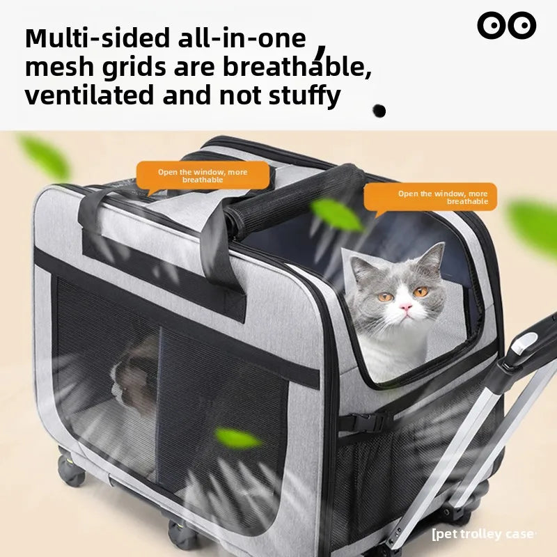 Double-layer Rolling Pet Stroller Carrier Backpack for Cats Dogs