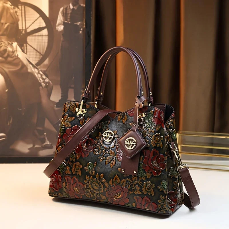 Women's Vintage Floral PU Leather Tote Crossbody Bag