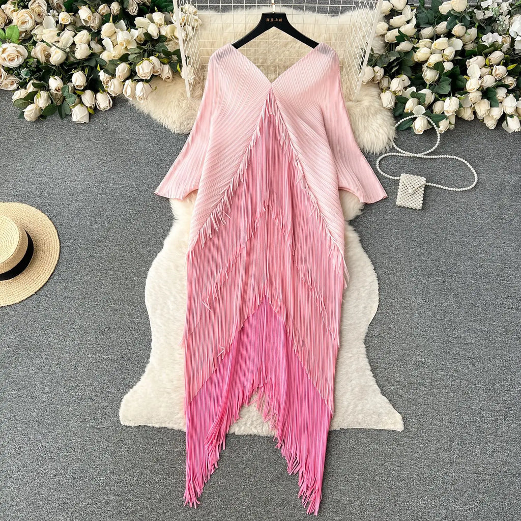 Women's Pleated Color-Block Tassel Mid-Calf Dress