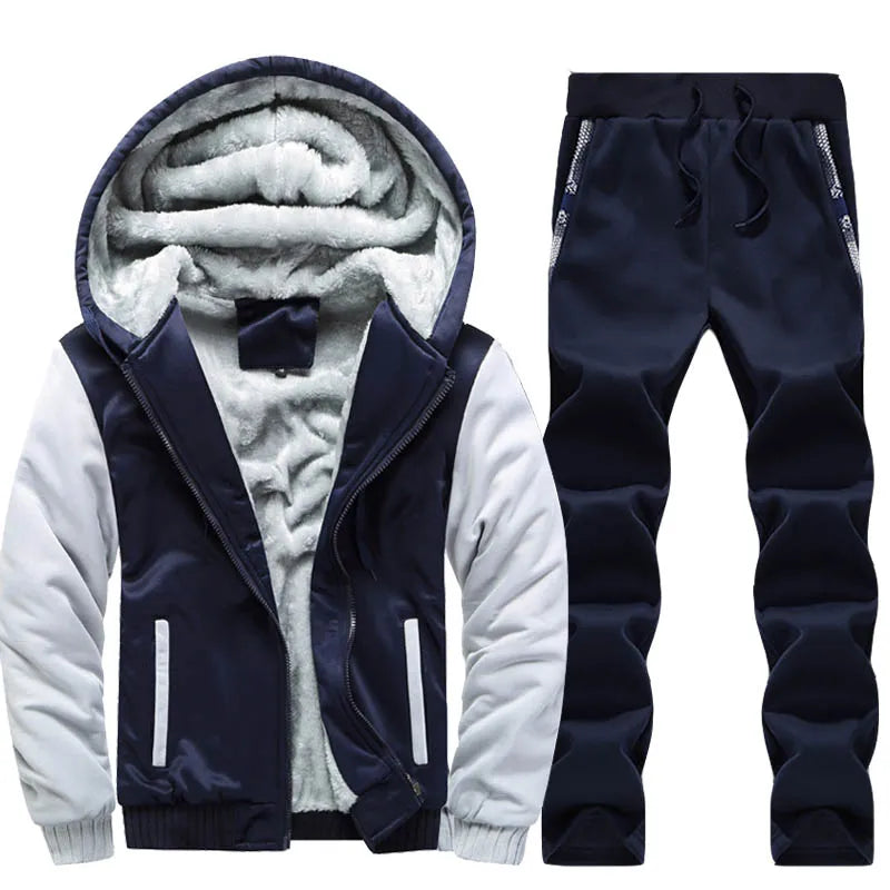 Men's Thick Warm Fleece Hooded Jacket and Pants Set