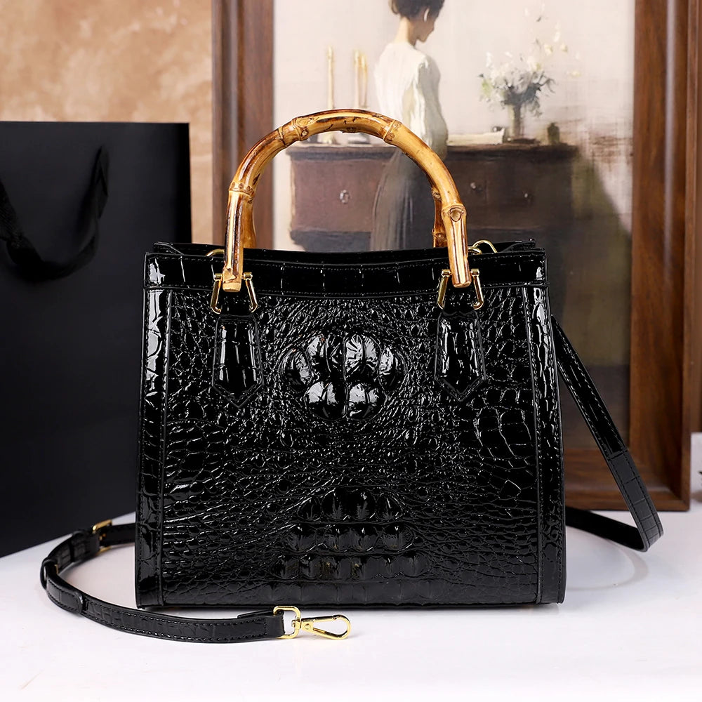 Women's Crocodile Pattern Bamboo Handle Handbag