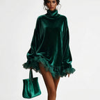 Women's Turtleneck Velvet Dress Ruffled Lace Long Sleeve Mini