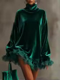Women's Turtleneck Velvet Dress Ruffled Lace Long Sleeve Mini