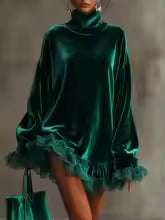 Women's Turtleneck Velvet Dress Ruffled Lace Long Sleeve Mini
