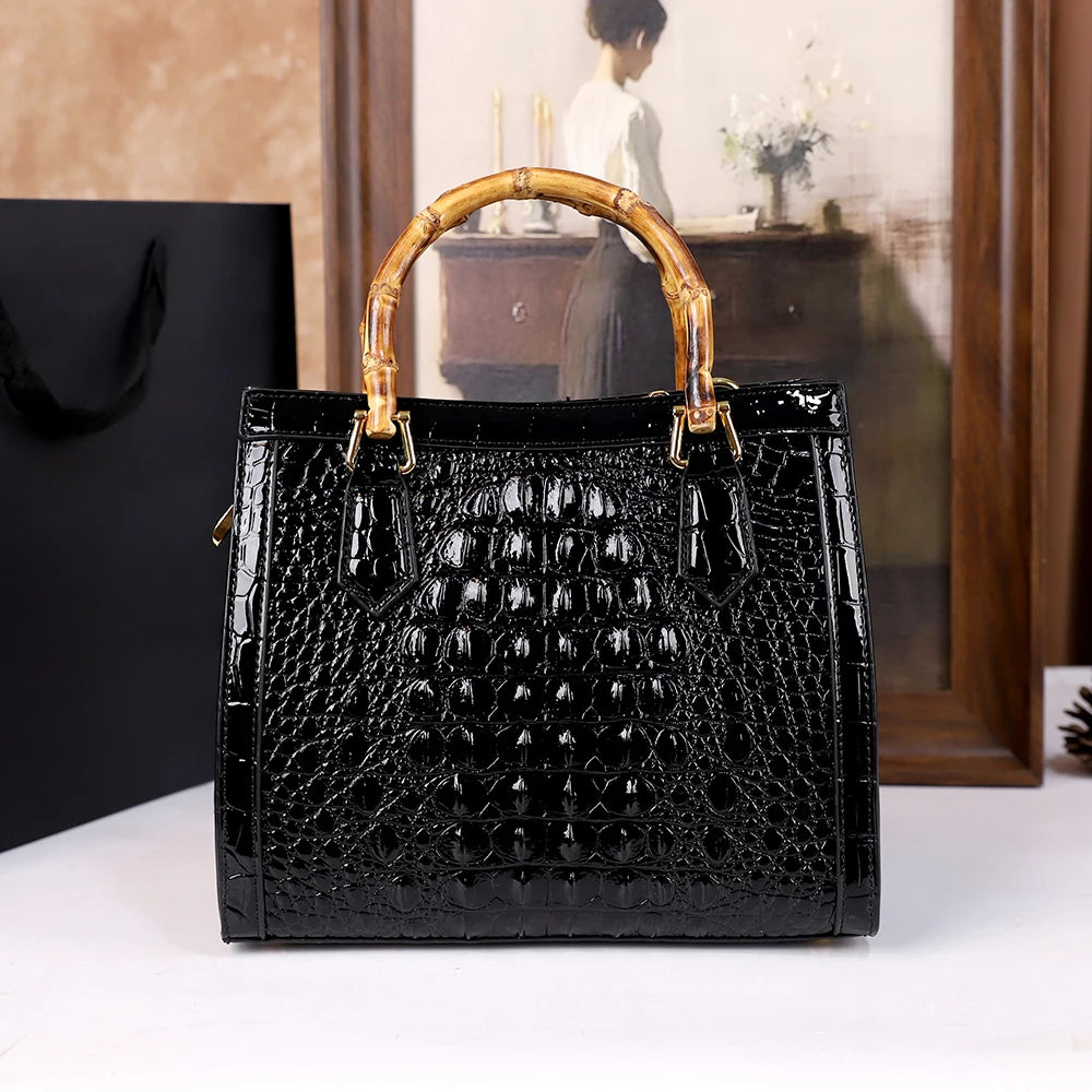 Women's Crocodile Pattern Bamboo Handle Handbag
