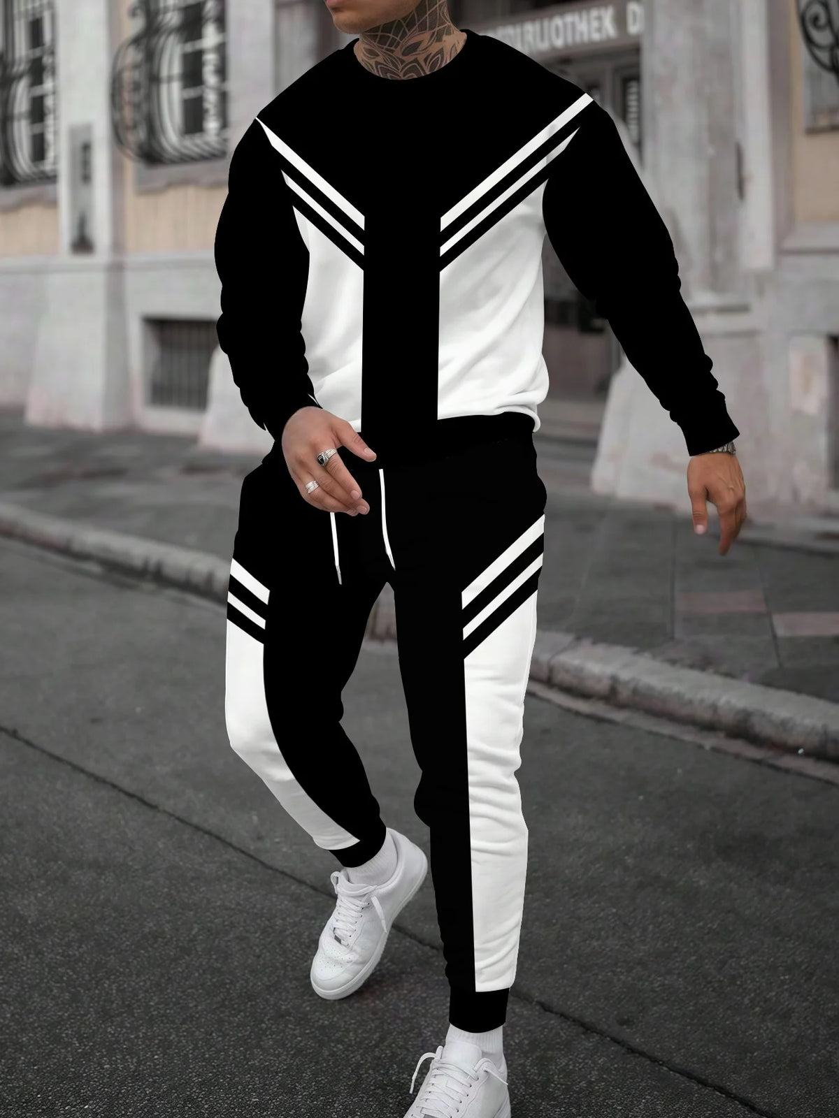 Men's Faux-Zipper Print Sweatshirt and Pants Two-Piece Set