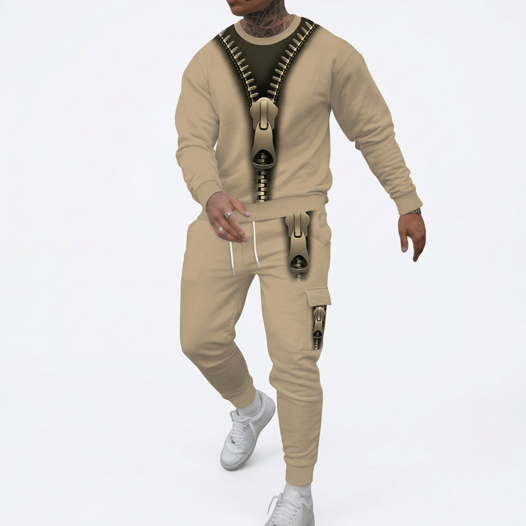 Men's Faux-Zipper Print Sweatshirt and Pants Two-Piece Set