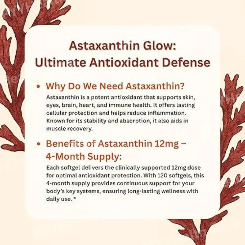 Astaxanthin 12mg Plant-Based Microalgae Dietary Supplement Softgels