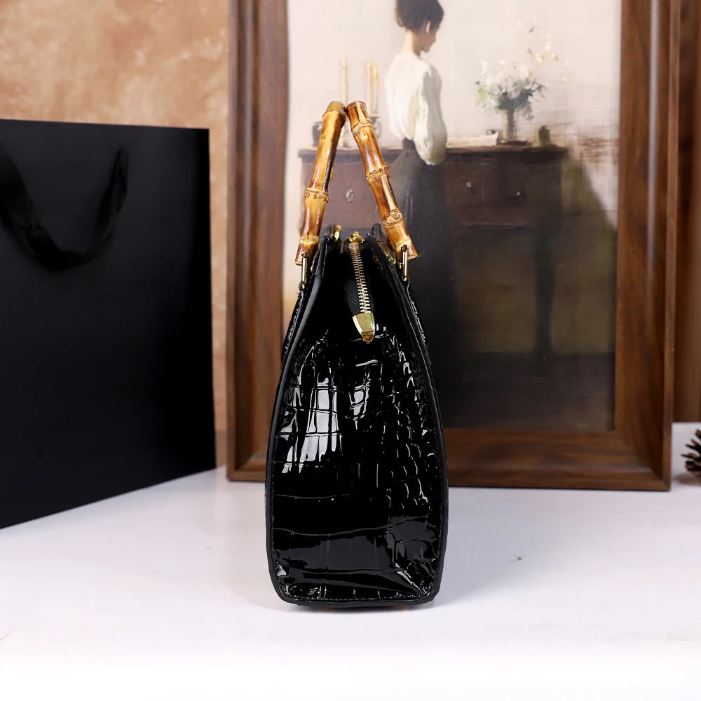 Women's Crocodile Pattern Bamboo Handle Handbag