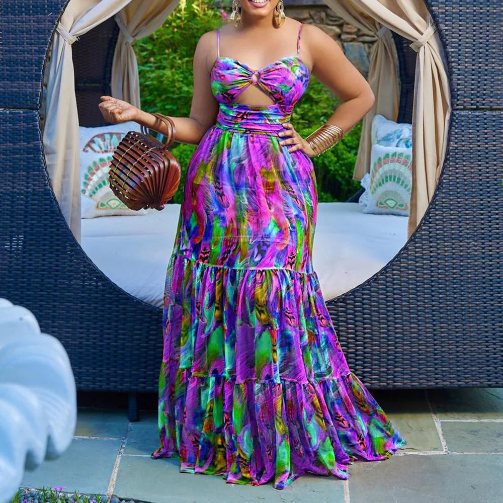 Women's Spaghetti Strap Dashiki Maxi Dress
