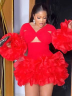 Women's V-Neck Petal Sleeve High Waist A-Line Dress