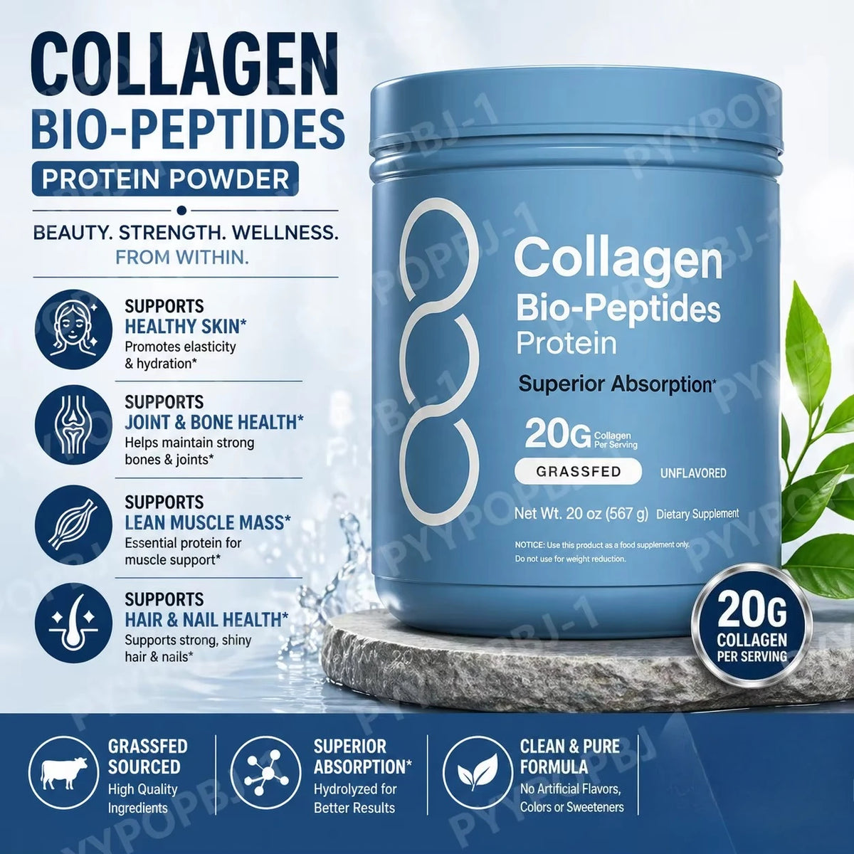 Collagen Peptides Powder Hydrolyzed Protein Unflavored 20 oz