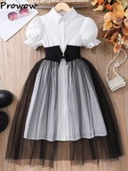 Girls' Patchwork Puff Sleeve Princess Dress with Mesh Skirt