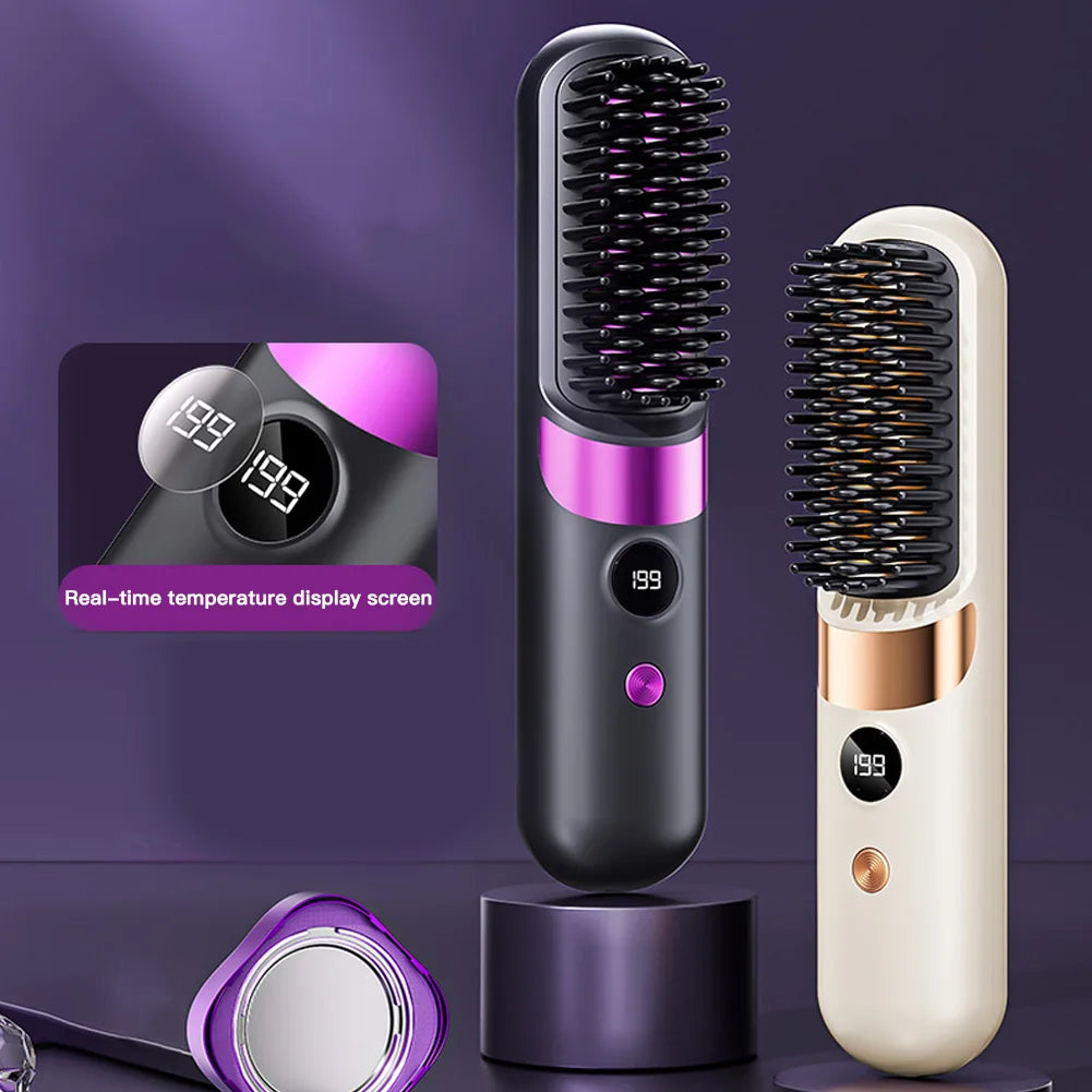 Cordless Ceramic Hair Straightener Brush with LED Display