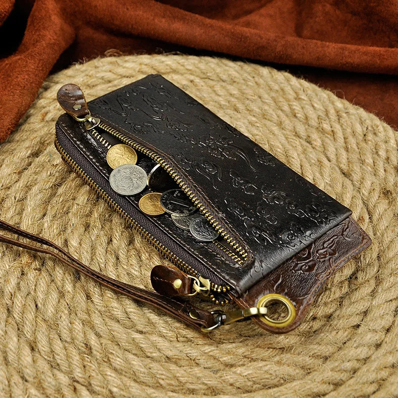 Men's Vintage Crazy Horse Genuine Leather Long Zipper Wallet