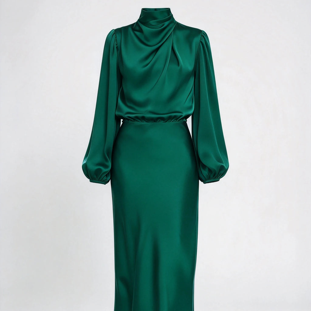 Women's Satin Turtleneck Lantern Sleeve Midi Dress