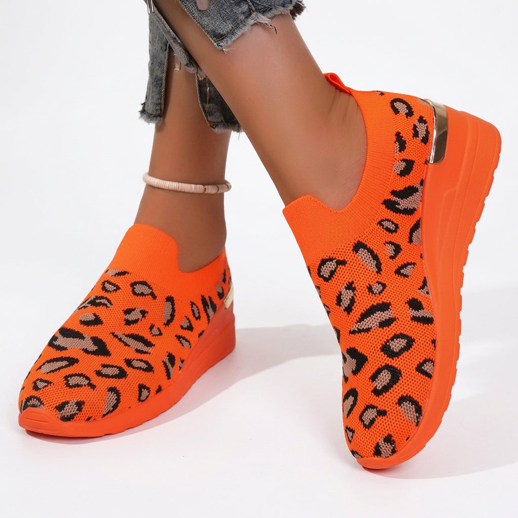 Women's Leopard Print Knitted Slip-On Wedge Sneakers