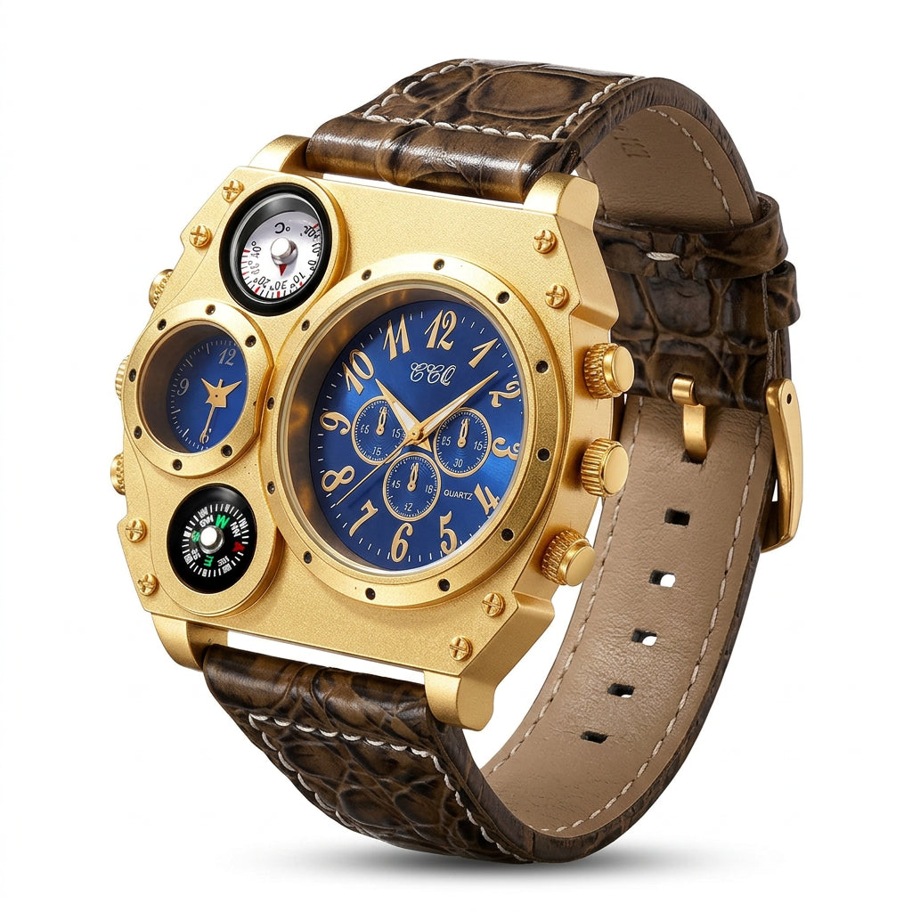 Men's Round Dial Quartz Leather Watch