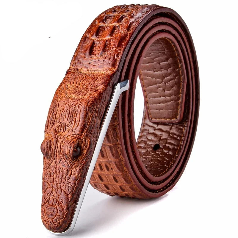 Men's Crocodile Pattern Leather Belt with Smooth Buckle