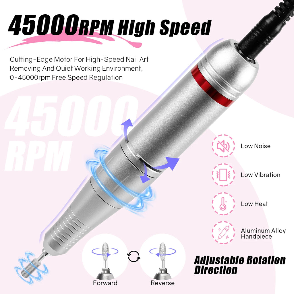 45000 RPM Electric Nail Drill Kit for Acrylic Gel Dip Powder Nails