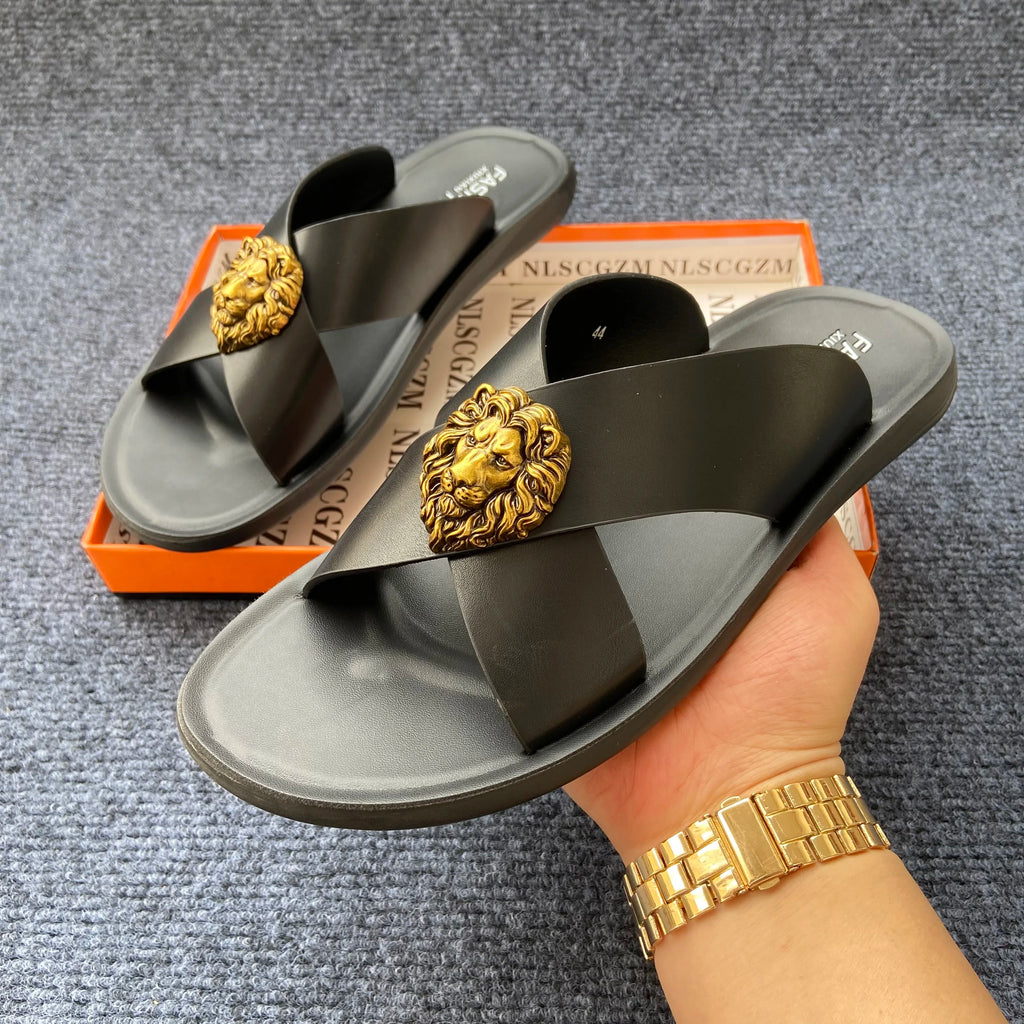 Men's PU Leather Slide Sandals with Metal Decoration