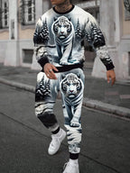 Men's Faux-Zipper Print Sweatshirt and Pants Two-Piece Set