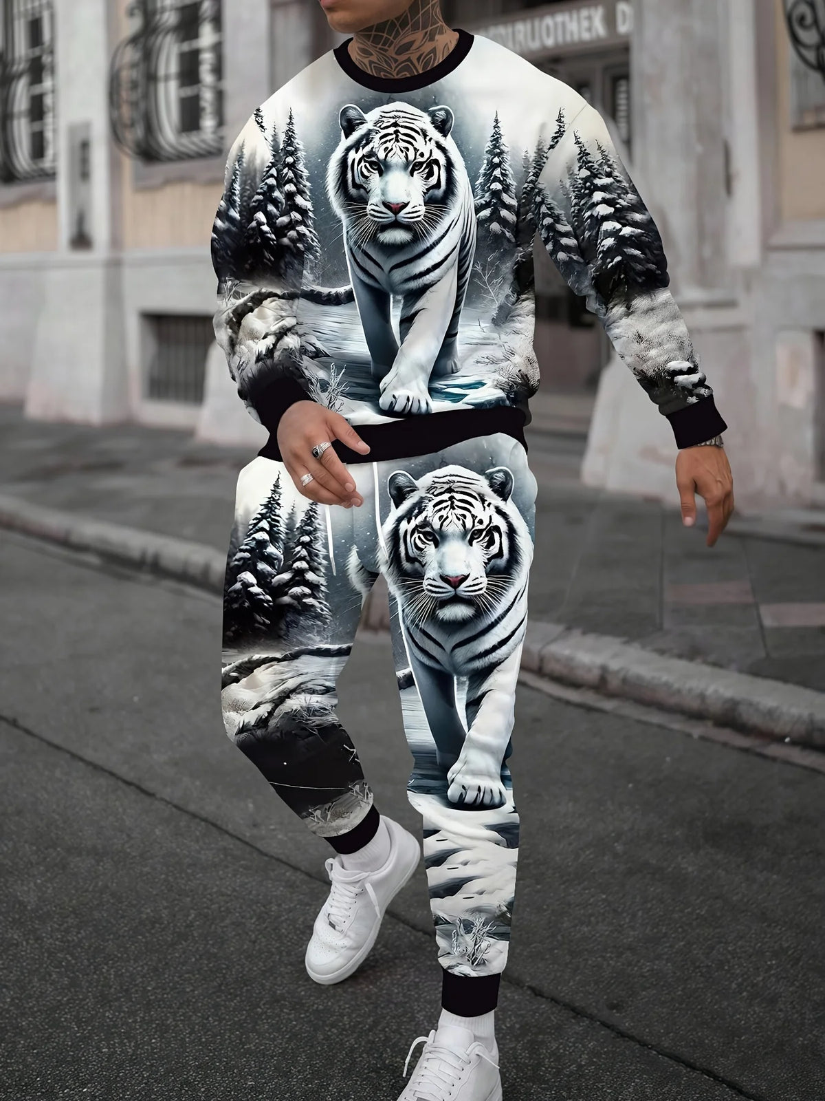 Men's Faux-Zipper Print Sweatshirt and Pants Two-Piece Set