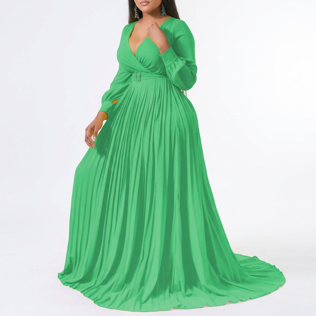 Women's Elegant V-Neck Long Sleeve Pleated Maxi Dress